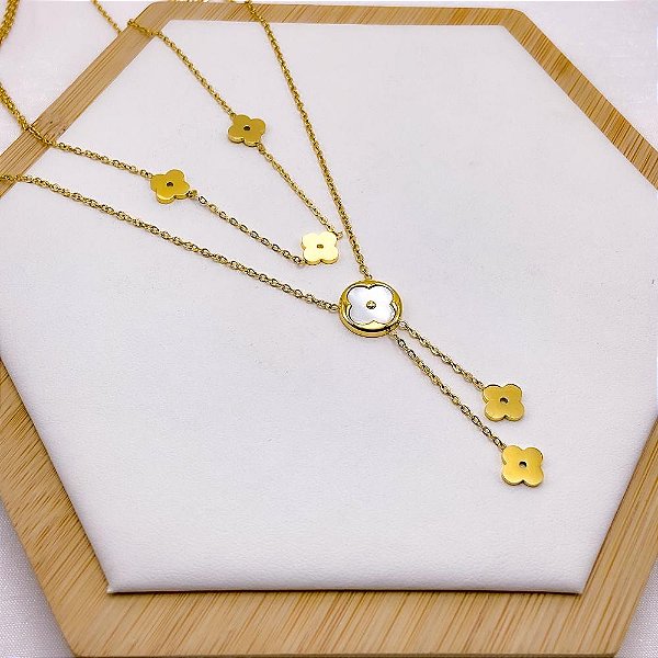 COLAR DUPLO AÇO INOXIDÁVEL 45CM  TREVO PEROLADO - DOURADO