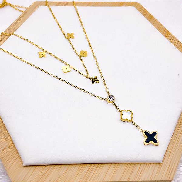 COLAR DUPLO AÇO INOXIDÁVEL 45CM  TREVO PEROLADO E PRETO - DOURADO