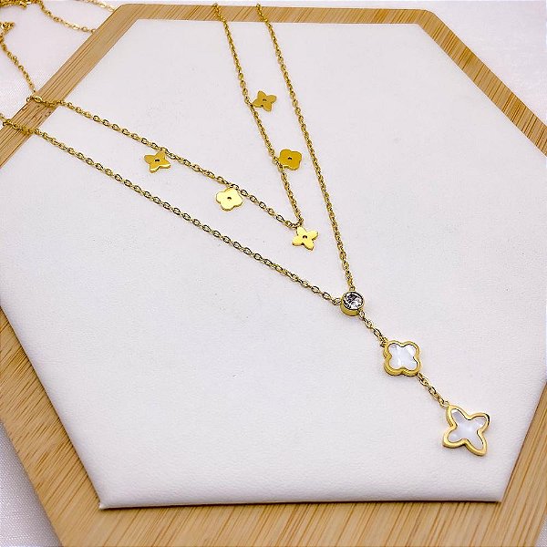 COLAR DUPLO AÇO INOXIDÁVEL 45CM  TREVO PEROLADO - DOURADO