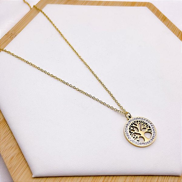 COLAR AÇO INOXIDÁVEL 45CM PINGENTE ÁRVORE DA VIDA CRAVEJADO STRASS - DOURADO