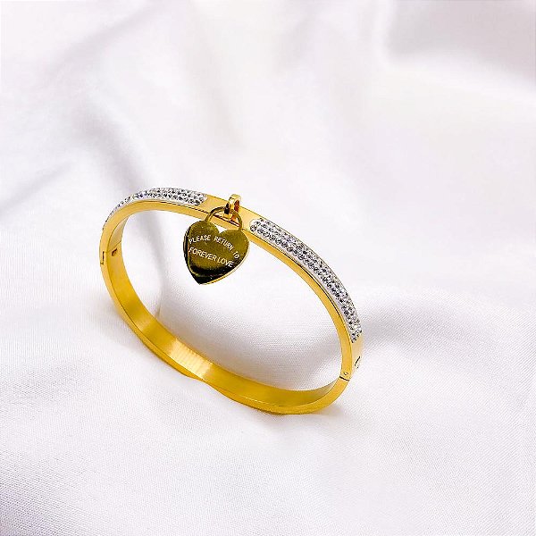 BRACELETE AÇO INOXIDÁVEL CRAVEJADO STRASS - DOURADO