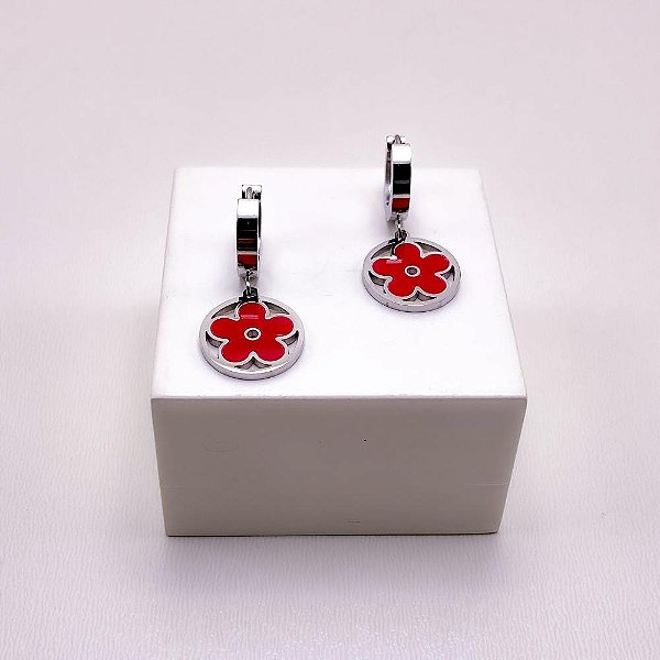 BRINCO AÇO INOXIDÁVEL  ARGOLINHA CLICK FLOR VERMELHO - PRATEADO