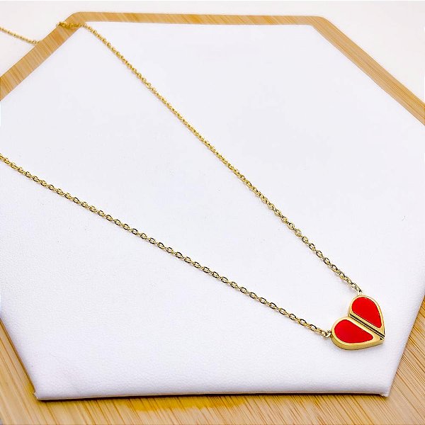 COLAR AÇO INOXIDÁVEL 45 CM PINGENTE CORAÇÃO VERMELHO - DOURADO