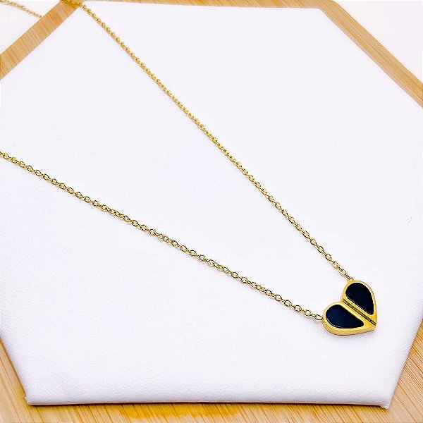 COLAR AÇO INOXIDÁVEL 45 CM PINGENTE CORAÇÃO PRETO - DOURADO