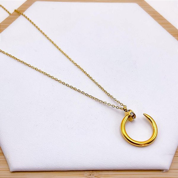 COLAR AÇO INOXIDÁVEL 45 CM PINGENTE PREGO COM PEDRA CRISTAL - DOURADO
