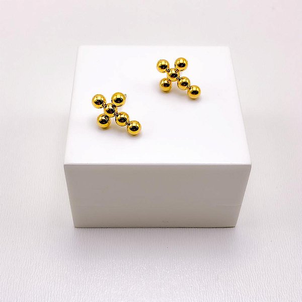 BRINCO AÇO INOXIDÁVEL  CRUZ "P" BOLINHAS - DOURADO