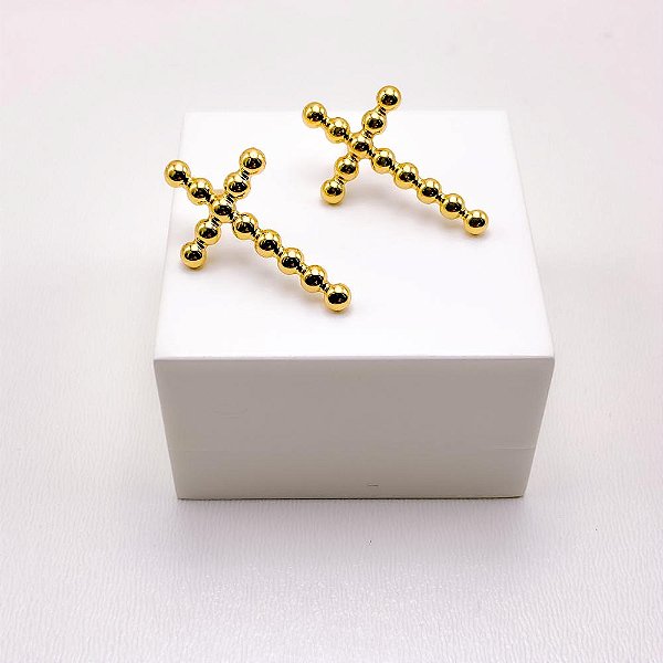 BRINCO AÇO INOXIDÁVEL  CRUZ "G" BOLINHAS - DOURADO