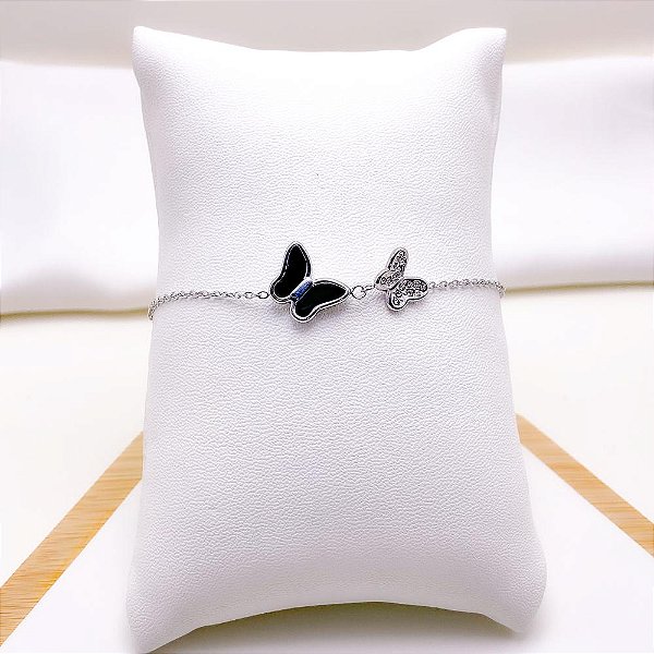 PULSEIRA AÇO INOXIDÁVEL BORBOLETA PRETA  - PRATEADA