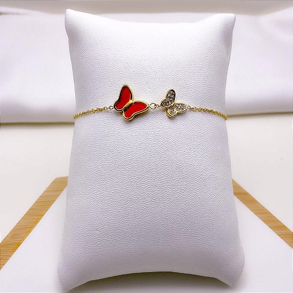 PULSEIRA AÇO INOXIDÁVEL BORBOLETA VERMELHA  - DOURADA