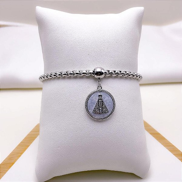 PULSEIRA AÇO INOXIDÁVEL ELO PIPOCA PINGENTE NOSSA SENHORA MADREPÉROLA - PRATEADA