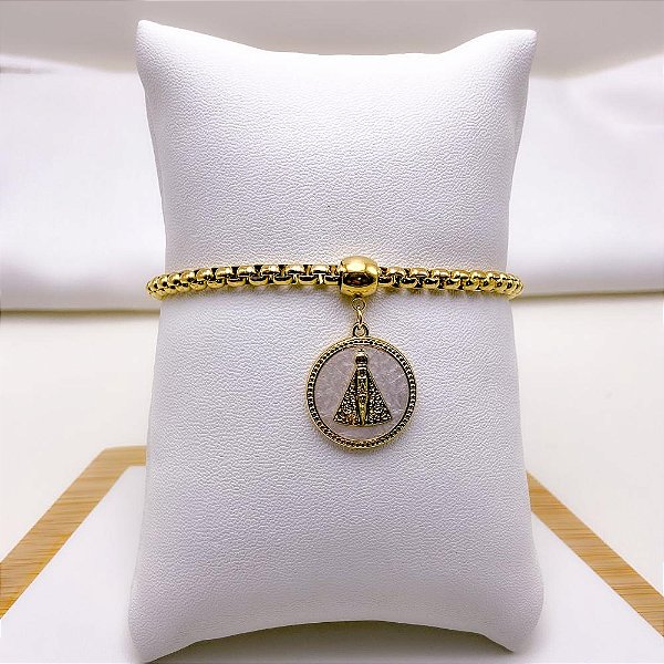 PULSEIRA AÇO INOXIDÁVEL ELO PIPOCA PINGENTE NOSSA SENHORA MADREPÉROLA - DOURADO