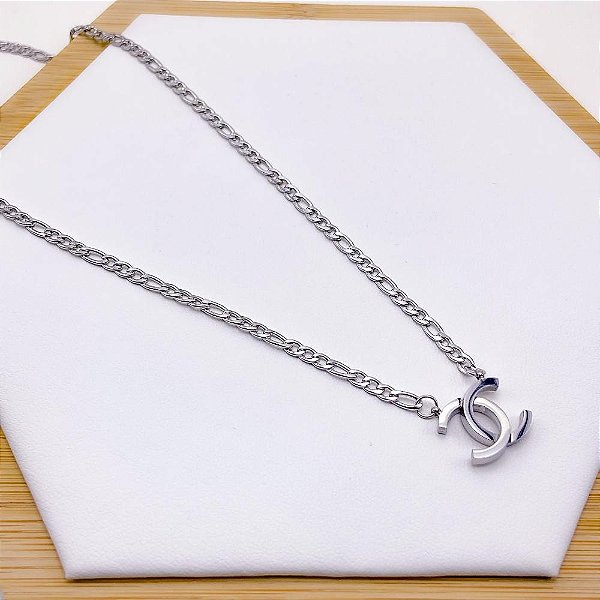 COLAR AÇO INOXIDÁVEL 45CM ELO FÍGARO PINGENTE INSPIRE-SE - PRATEADO