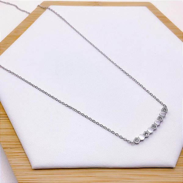 COLAR AÇO INOXIDÁVEL 45 CM  PINGENTE CRAVEJADO CRISTAL - PRATEADO