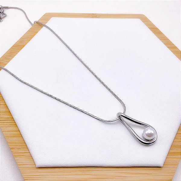 COLAR AÇO INOXIDÁVEL 45 CM  PINGENTE PÉROLA - PRATEADO
