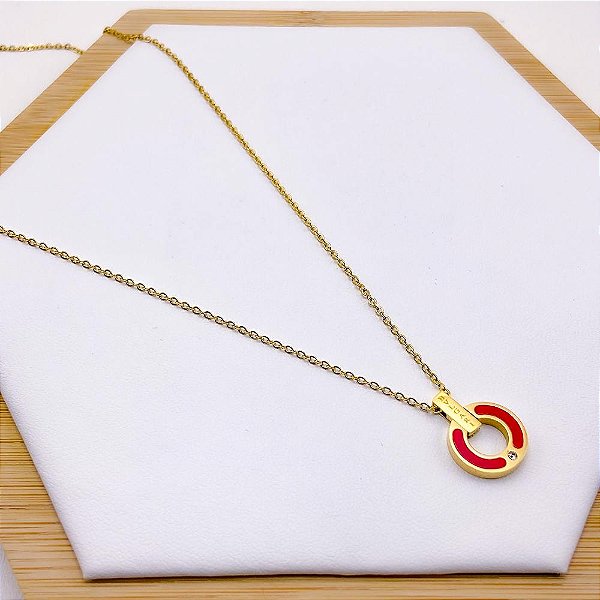 COLAR AÇO INOXIDÁVEL 45 CM INSPIRE-SE PINGENTE VERMELHO - DOURADO