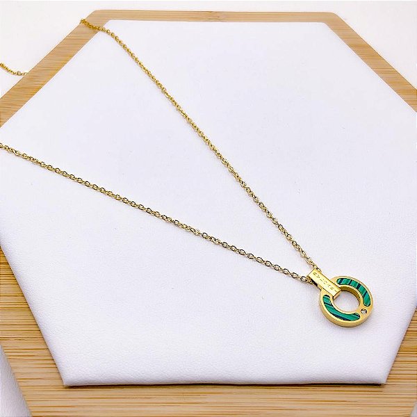 COLAR AÇO INOXIDÁVEL 45 CM INSPIRE-SE PINGENTE VERDE - DOURADO