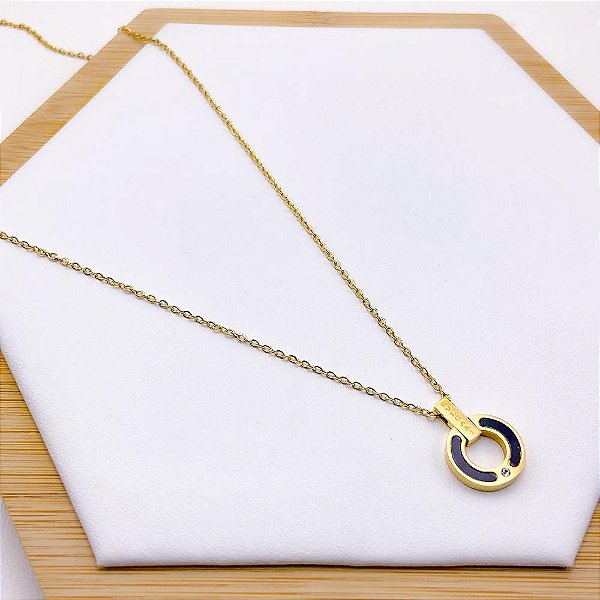 COLAR AÇO INOXIDÁVEL 45 CM INSPIRE-SE PINGENTE PRETO - DOURADO