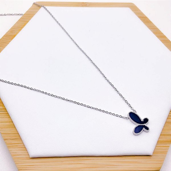 COLAR AÇO INOXIDÁVEL 45 CM BORBOLETA PRETA - PRATEADO