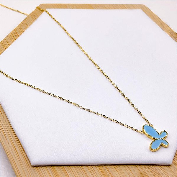 COLAR AÇO INOXIDÁVEL 45 CM BORBOLETA AZUL - DOURADO