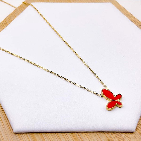 COLAR AÇO INOXIDÁVEL 45 CM BORBOLETA VERMELHA - DOURADO