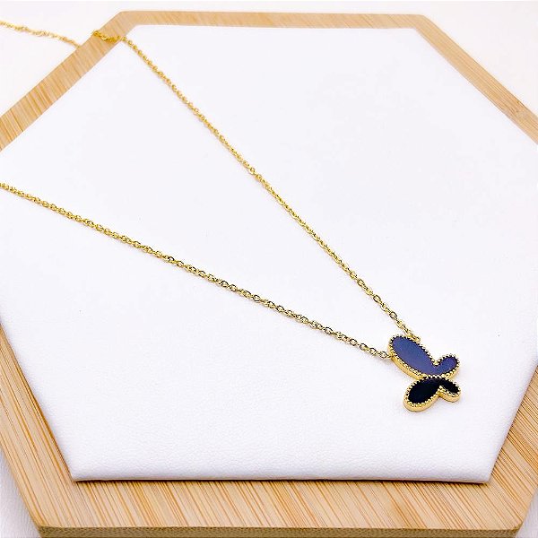 COLAR AÇO INOXIDÁVEL 45 CM BORBOLETA PRETA - DOURADO