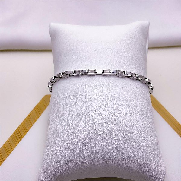 PULSEIRA AÇO INOX TIJOLINHO 3.0MM ELO QUADRADO 22 CM - PRATEADA