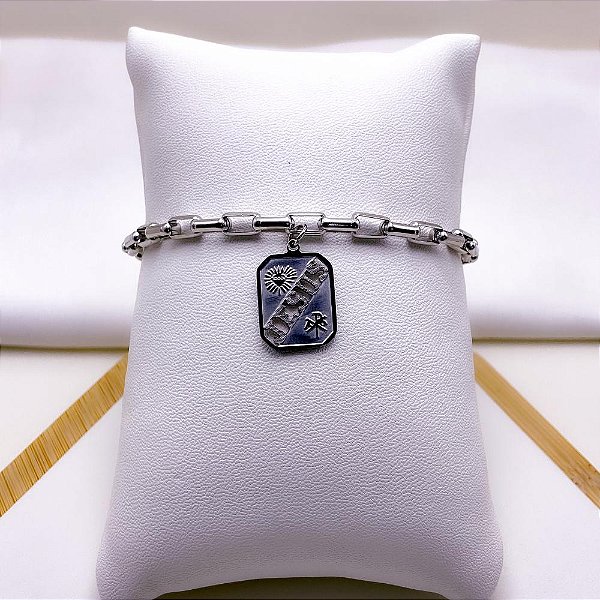 PULSEIRA  AÇO INOX TIJOLINHO PINGENTE JESUS - PRATEADA