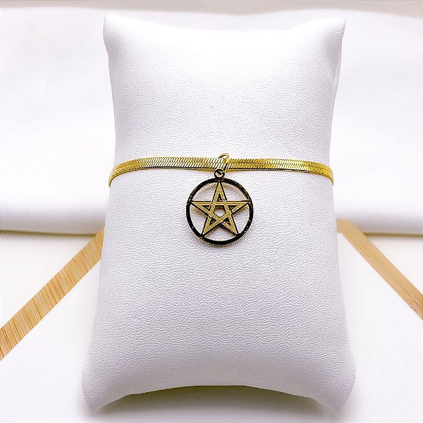 PULSEIRA  AÇO INOX FITA PINGENTE ESTRELA DE DAVI - DOURADA