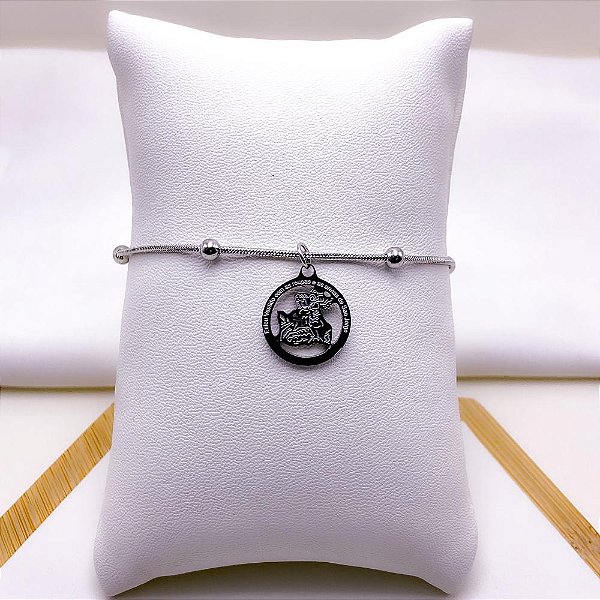 PULSEIRA  AÇO INOX BOLINHAS PINGENTE SÃO JORGE - PRATEADA