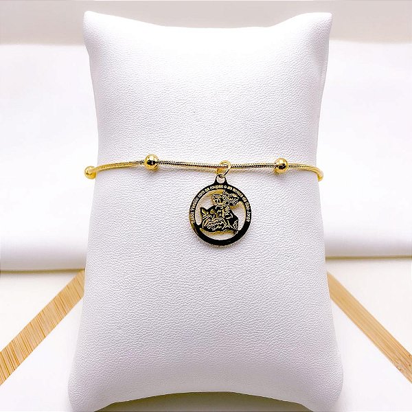 PULSEIRA  AÇO INOX BOLINHAS PINGENTE SÃO JORGE - DOURADA