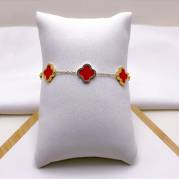 PULSEIRA AÇO INOX DOURADA - TREVO VERMELHO