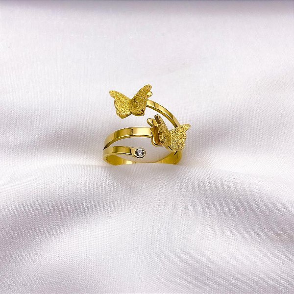 ANEL ACO INOXIDAVEL BORBOLETAS 3D DIAMANTADA - DOURADO