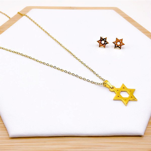 CONJUNTO COLAR  E BRINCO AÇO INOXIDÁVEL ESTRELA DE DAVI - DOURADO