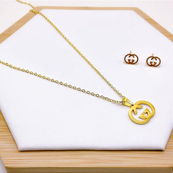 CONJUNTO COLAR  E BRINCO AÇO INOXIDÁVEL INSPIRE-SE - DOURADO