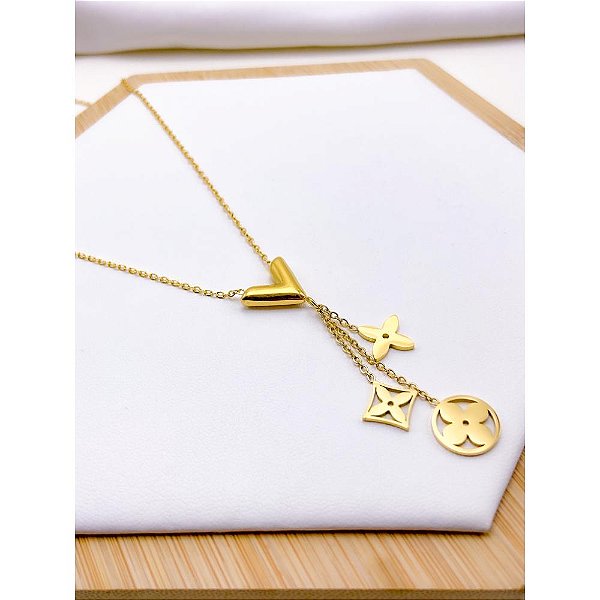 COLAR AÇO INOXIDÁVEL 45 CM PINGENTE TREVO - DOURADO