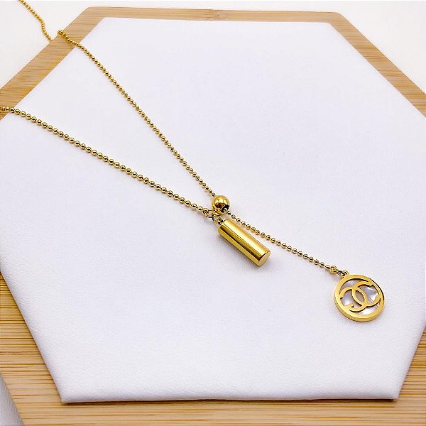 COLAR AÇO INOXIDÁVEL 45 CM PINGENTE PÊNDULO E INSPIRE-SE PEROLADO - DOURADO