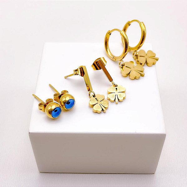 CARTELA TRIO DE BRINCOS AÇO INOXIDÁVEL  ARGOLINHA CLICK TREVO -DOURADO