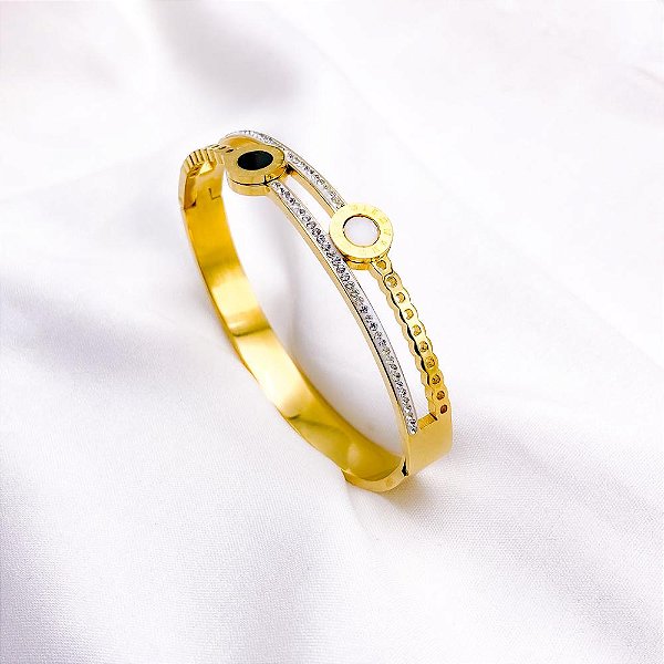 BRACELETE AÇO INOXIDÁVEL PEROLADO E PRETO - DOURADO