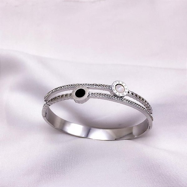 BRACELETE AÇO INOXIDÁVEL PEROLADO E PRETO - PRATEADO