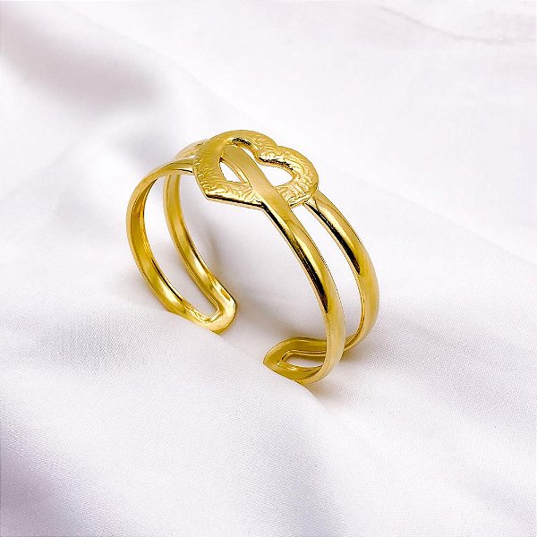 BRACELETE AÇO INOXIDÁVEL 2 FIOS CORAÇÃO - DOURADO