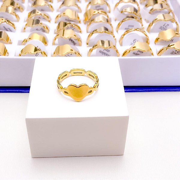 ANEL DE AÇO INOXIDÁVEL ARO CORRENTE CORAÇÃO - DOURADO