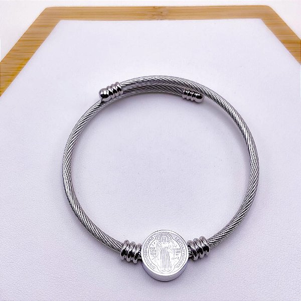 BRACELETE AÇO INOXIDÁVEL SÃO BENTO - PRATEADO