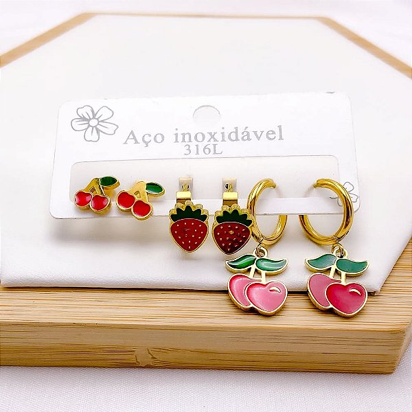 CARTELA TRIO BRINCO AÇO INOXIDÁVEL CEREJA E MORANGO - DOURADO
