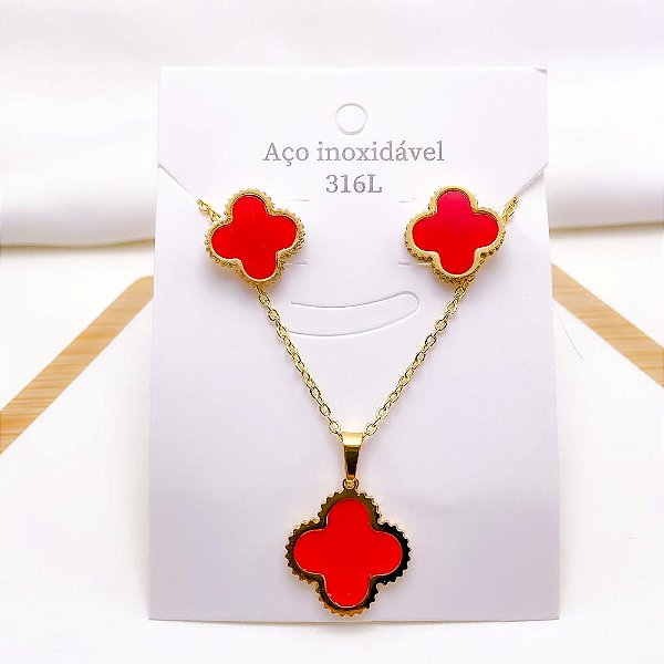 CONJUNTO COLAR  E BRINCO AÇO INOXIDÁVEL  TREVO VERMELHO - DOURADO