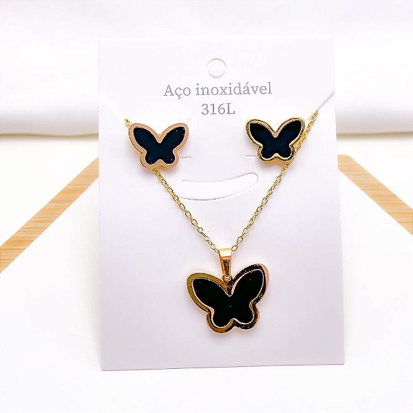 CONJUNTO COLAR  E BRINCO AÇO INOXIDÁVEL  BORBOLETA PRETA - DOURADO