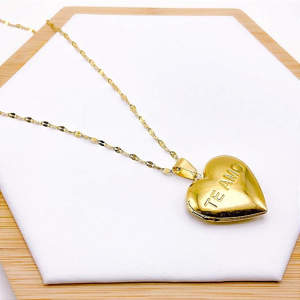 RELICÁRIO AÇO INOXÁVEL 55CM CORAÇÃO TE AMO ÁRVORE DA VIDA - DOURADO