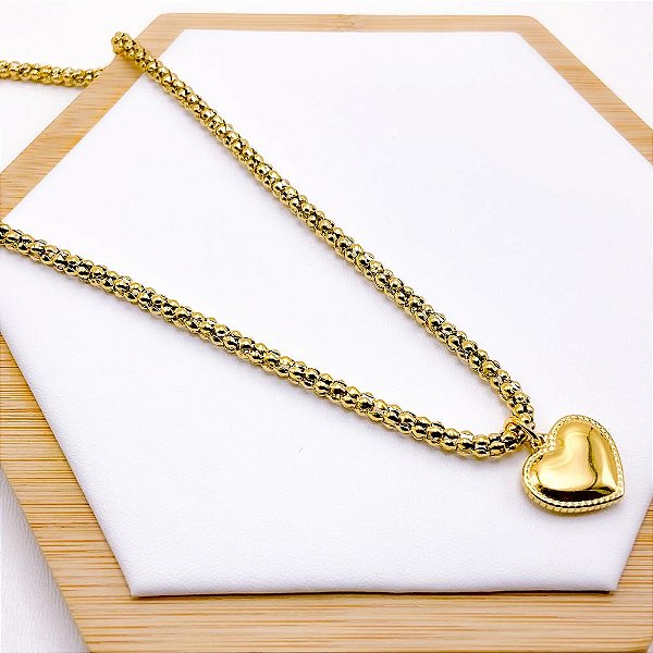 COLAR  AÇO INOXIDÁVEL  CORRENTE PIPOCA 45CM PINGENTE CORAÇÃO - DOURADO