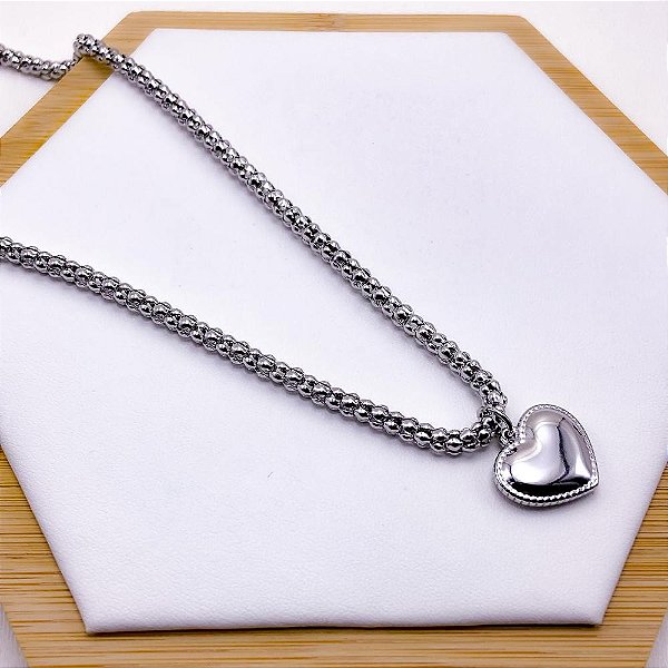 COLAR  AÇO INOXIDÁVEL  CORRENTE PIPOCA 45CM PINGENTE CORAÇÃO - PRATEADO