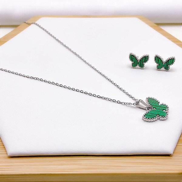 CONJUNTO COLAR  E BRINCO AÇO INOXIDÁVEL  BORBOLETA VERDE - PRATEADO