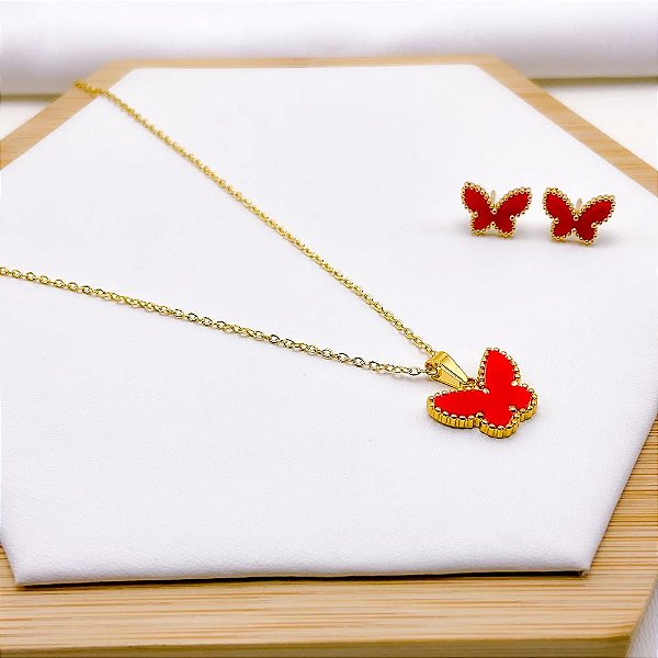 CONJUNTO COLAR  E BRINCO AÇO INOXIDÁVEL  BORBOLETA VERMELHA - DOURADO